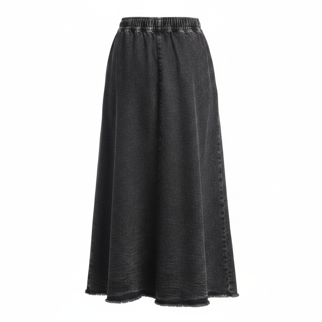 Dark Grey Snow Wash Crinkle Denim Midi Skirt - Ghost Mannequin