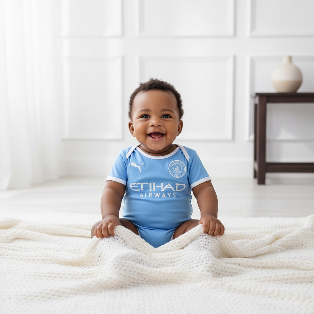 Nigerian baby wearing sky blue football onesie romper in upscale home setting