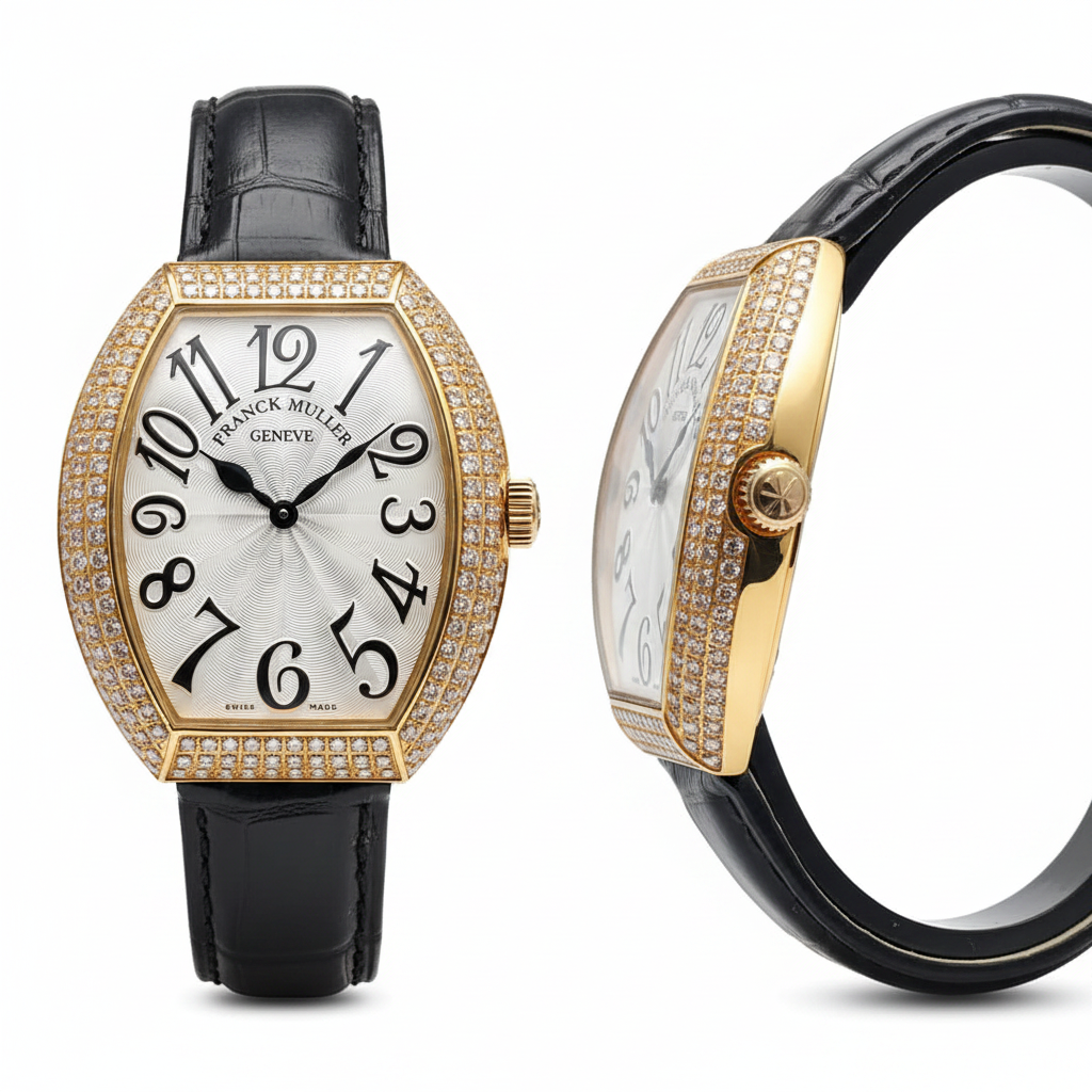 Women's gold oversized full diamond bezel white guilloche dial tonneau watch — ghost mannequin front and side view, black leather strap