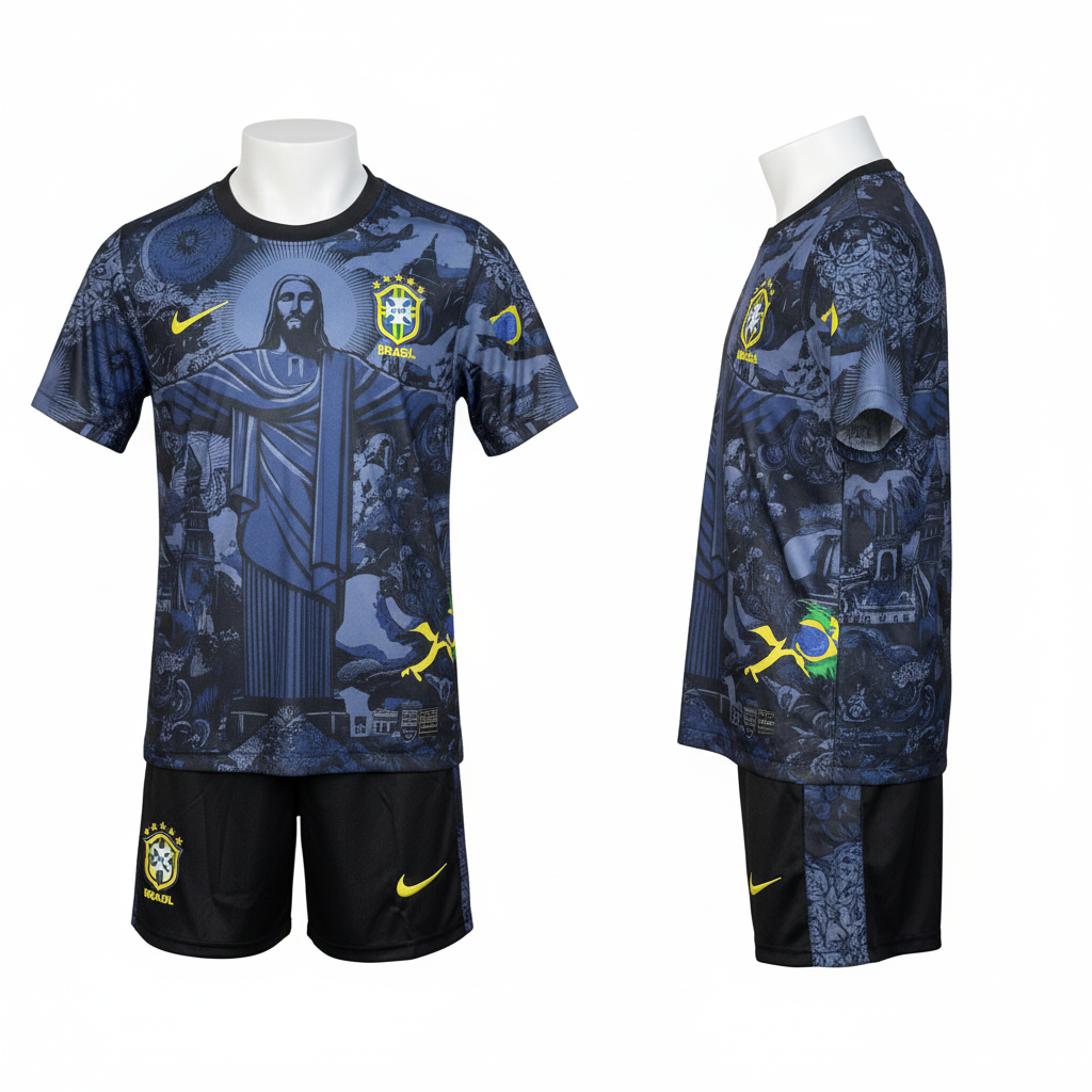 Kids dark navy all-over graphic print football jersey and black shorts set ghost mannequin front and side view