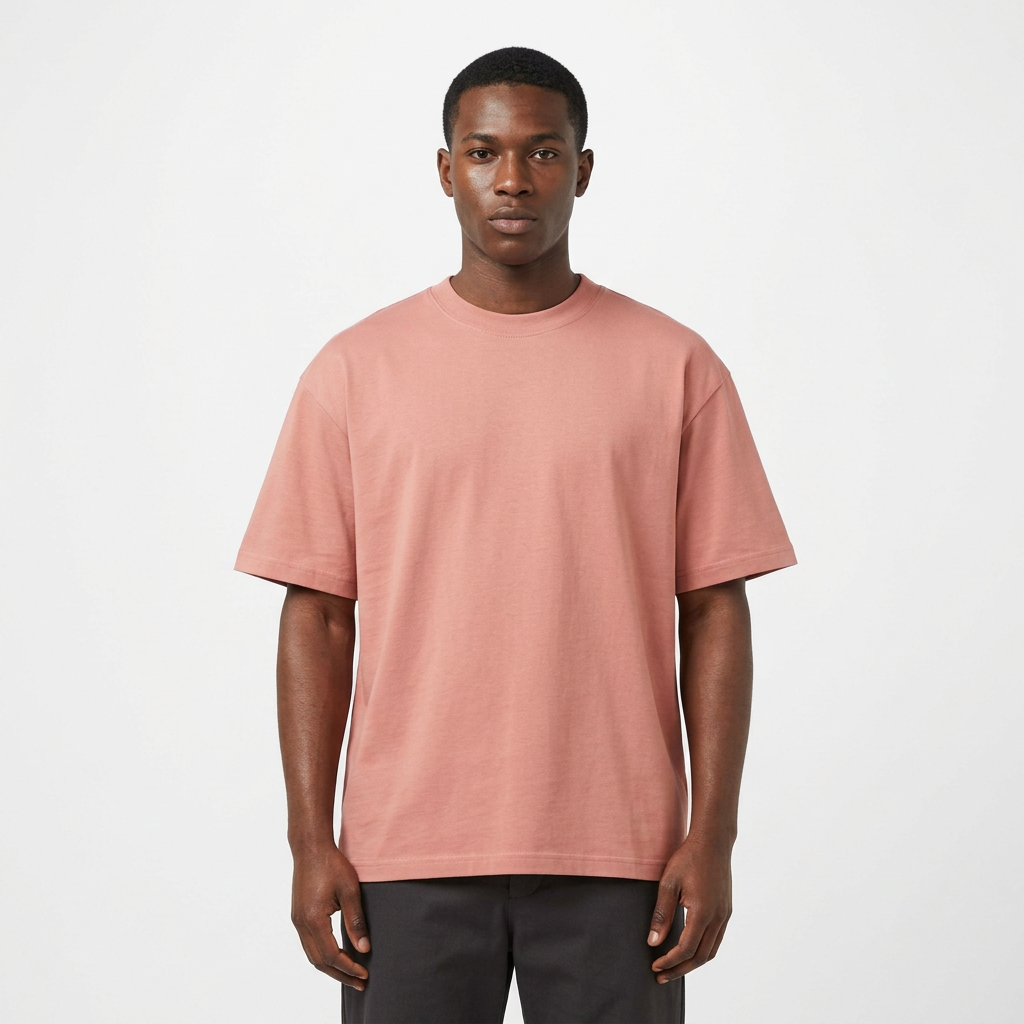 Nigerian male model wearing a dusty pink plain crew-neck T-shirt on white