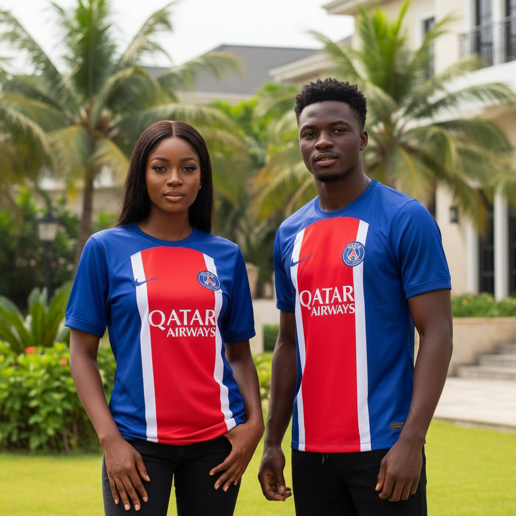 Nigerian female and male models wearing blue and red vertical panel football jersey