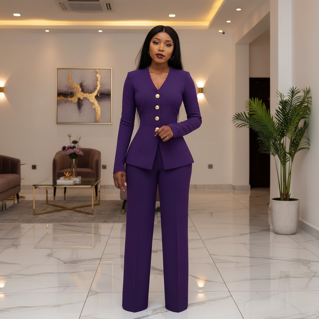 Steezu Royal Purple Gold Button Blazer Wide-Leg Trouser Suit Set – Model Shot
