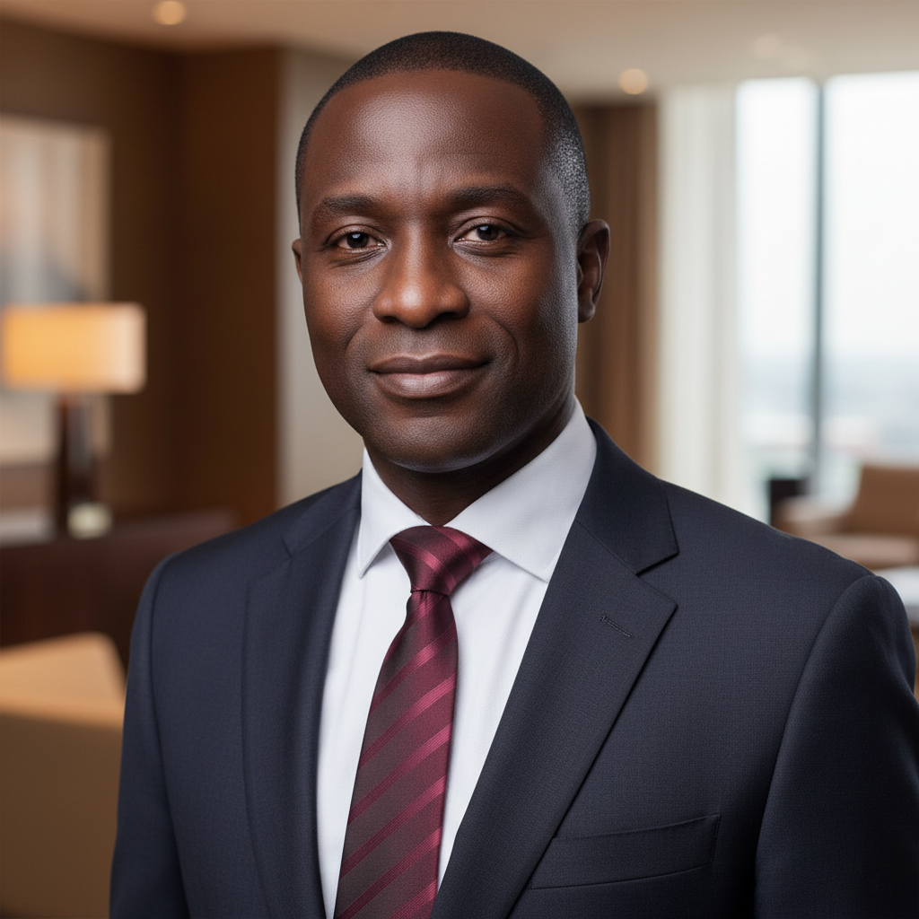 Nigerian man wearing maroon striped necktie with white shirt and dark suit