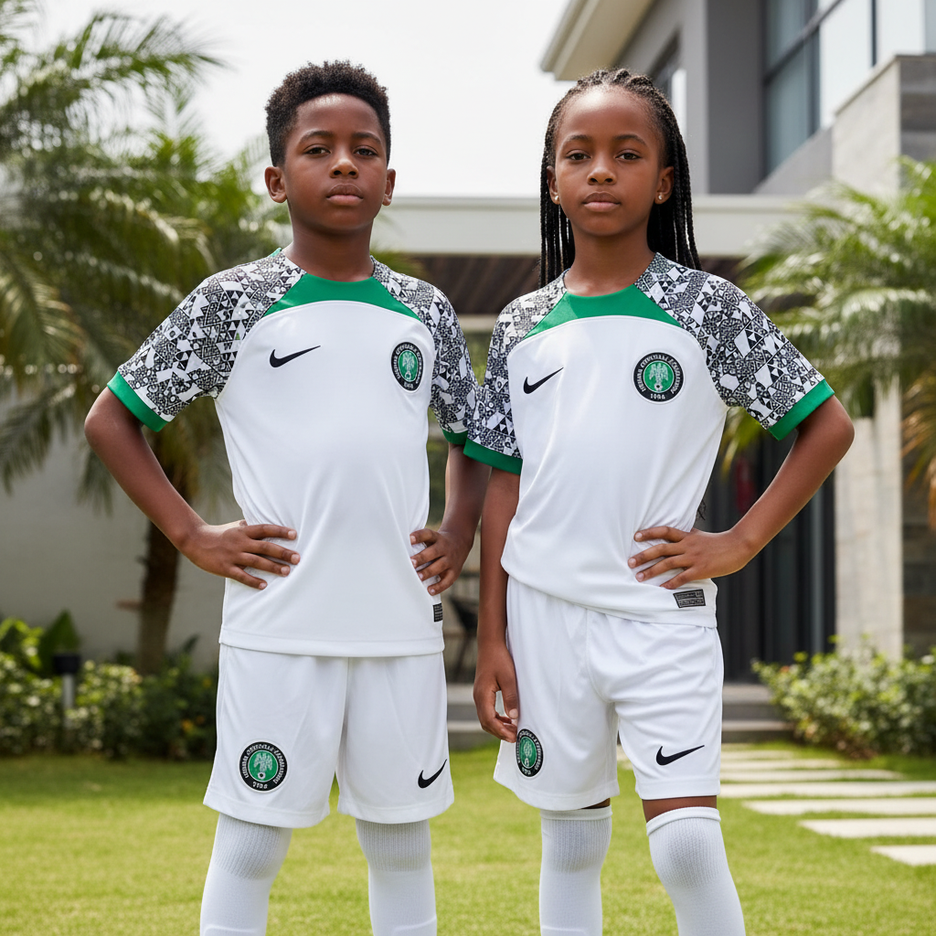 Nigerian boy and girl wearing white geometric sleeve eagle kids football jersey and white shorts set