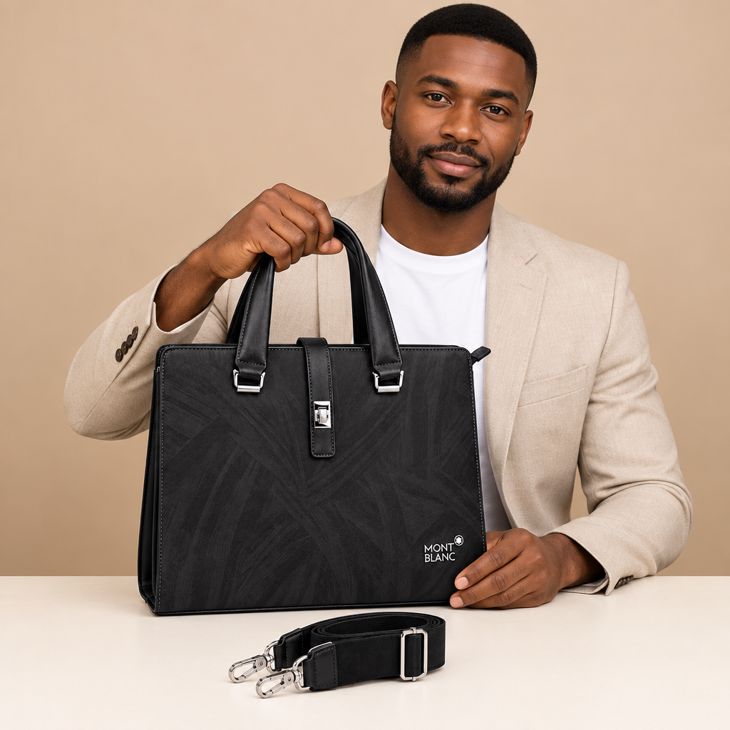 Adult model holding black patterned tab-detail top-handle bag