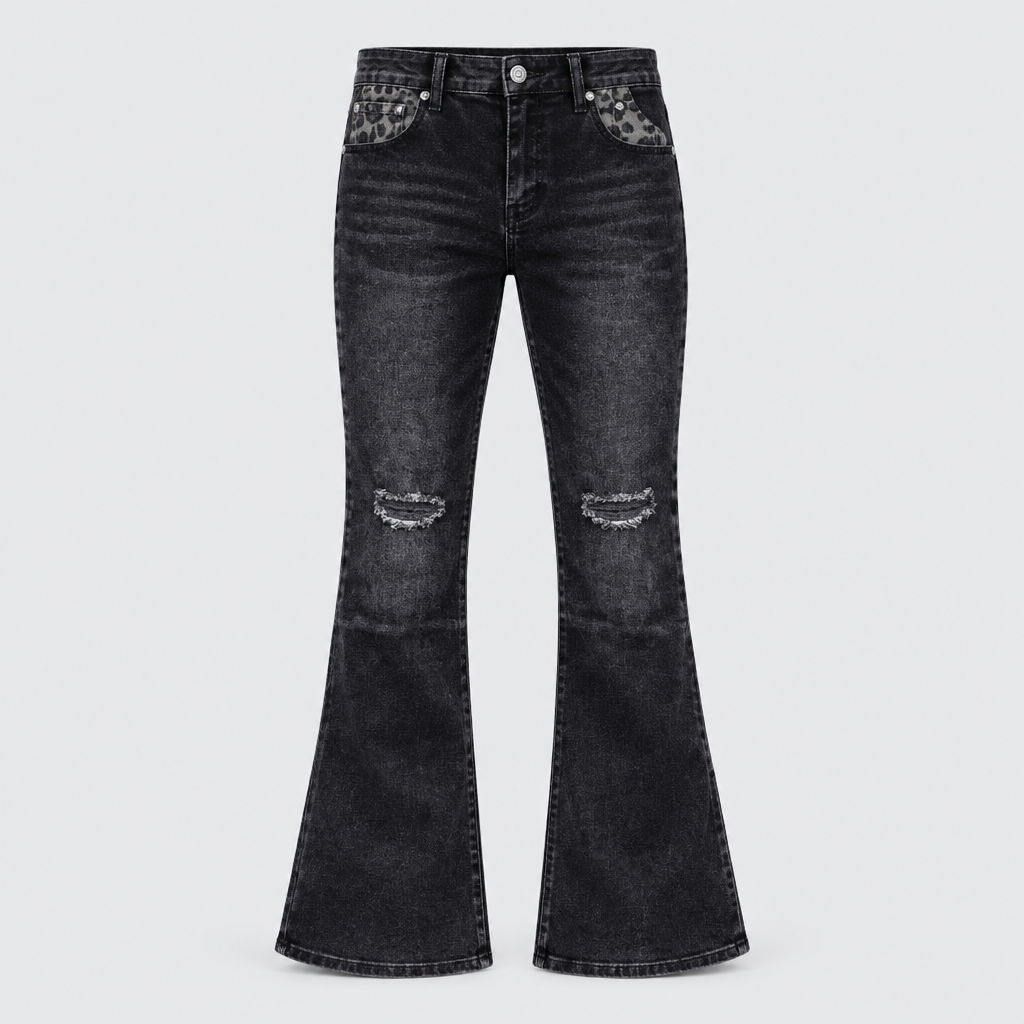 Men's washed-black bootcut jeans with distressed knees
