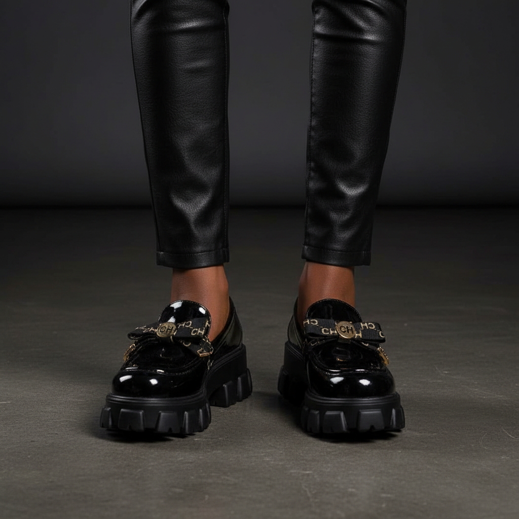 Women's Patent Leather Bow-Detail Chunky Platform Loafer - Model Editorial Leg Zoom