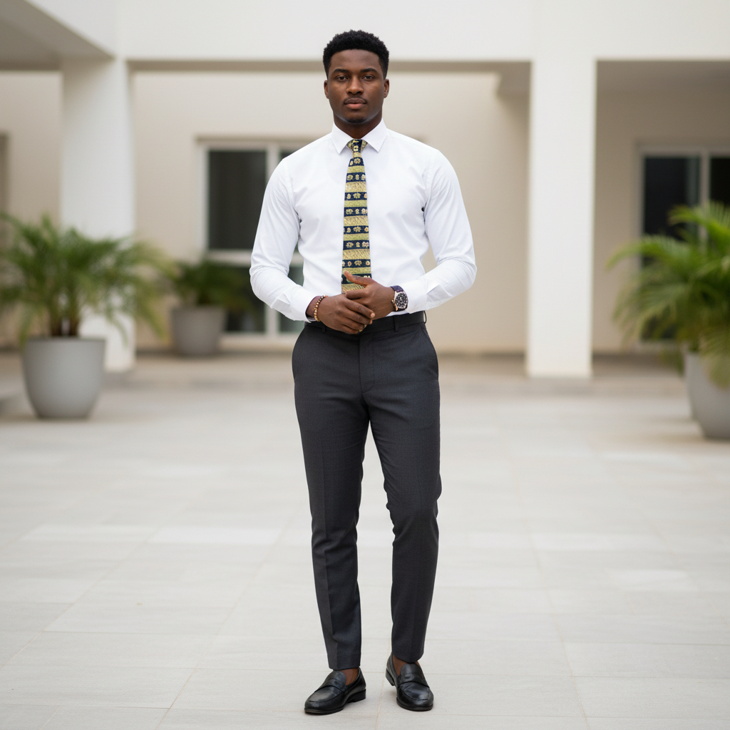 Nigerian male model wearing navy and olive gold daisy stripe woven necktie with white shirt
