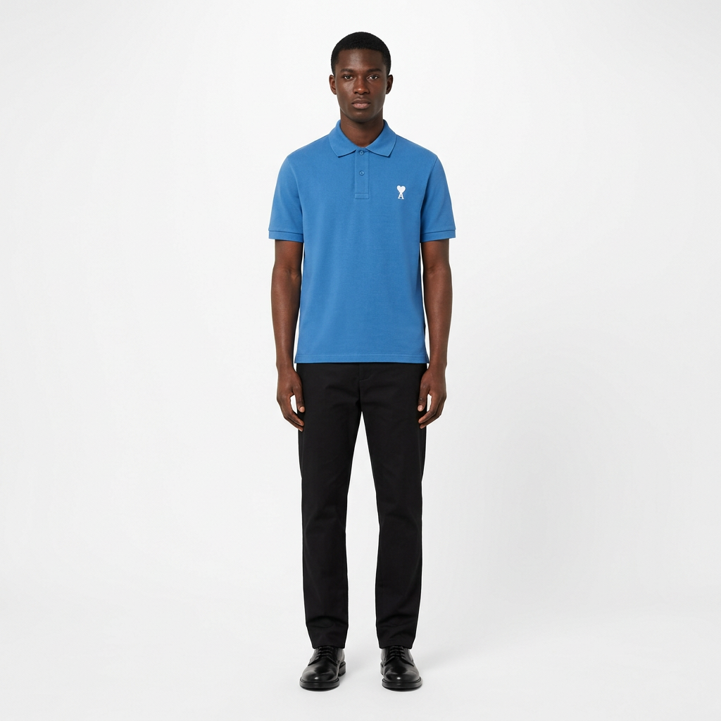 Full-body adult Black man wearing a blue white heart-detail polo