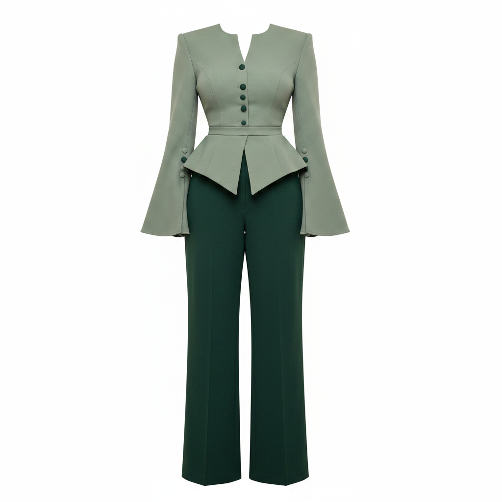 Sage & Forest Green Peplum Blazer Trouser Suit Set – Full Set Ghost Mannequin