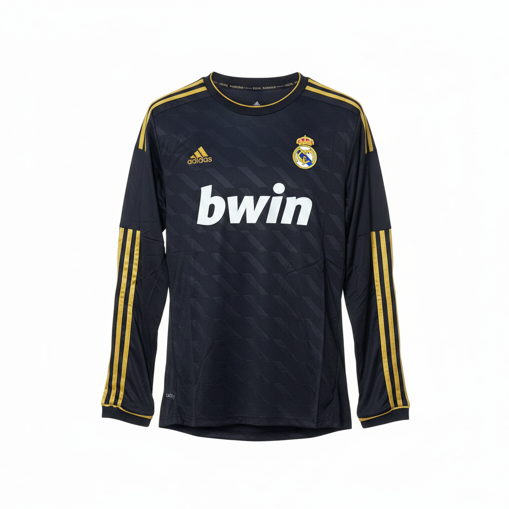 Black and gold stripe long-sleeve retro football jersey — ghost mannequin front view