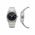 Silver engraved black dial dress watch — front and side view