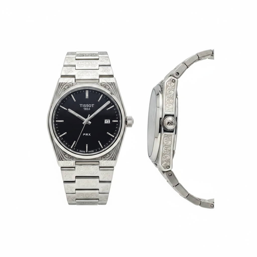 Silver engraved black dial dress watch — front and side view