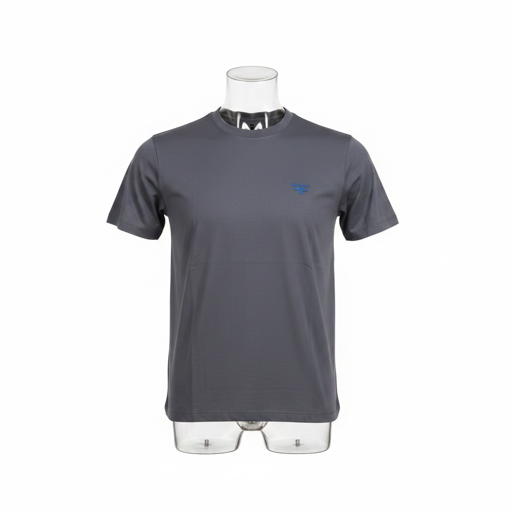 Ghost mannequin front view of charcoal grey embroidered logo T-shirt