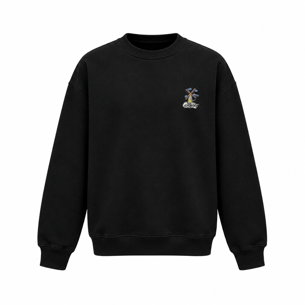 Black windmill-graphic sweatshirt reconstructed front view