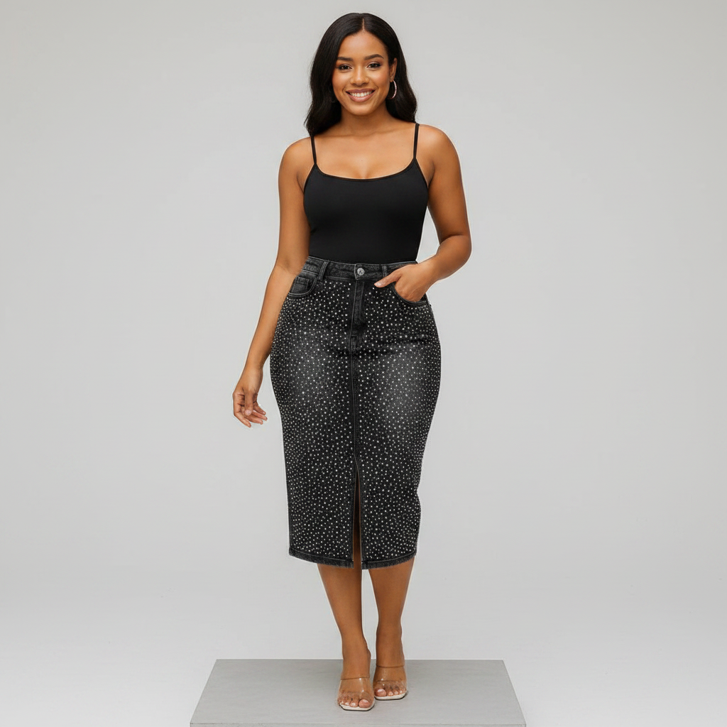 Black Rhinestone Midi Denim Skirt – Front Model