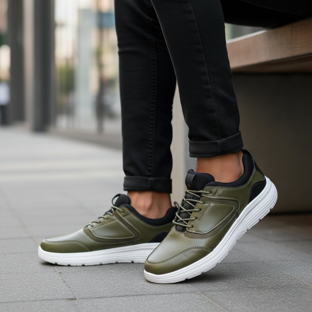 Prince Obi Olive Green Leather Sneaker - Model Shot