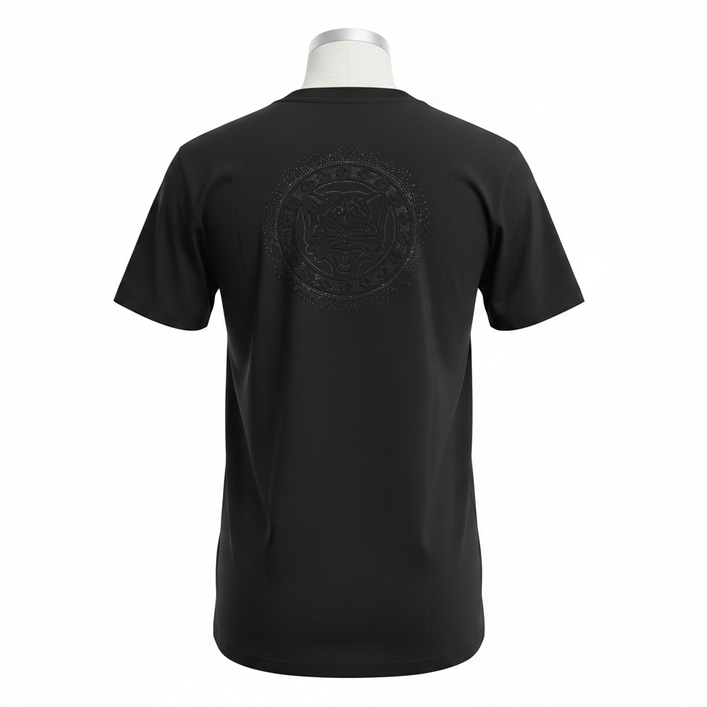 Women's black rhinestone medallion graphic tee - ghost mannequin back view
