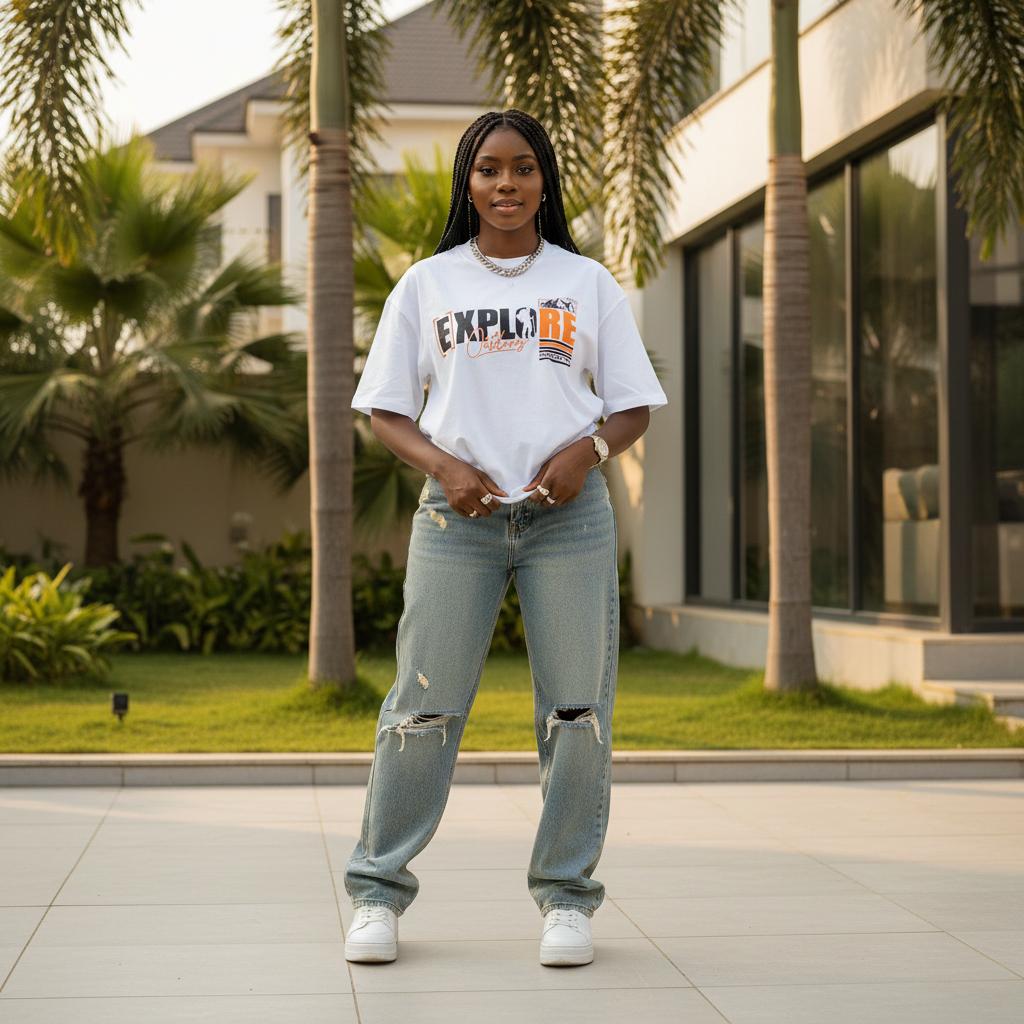 Nigerian female model wearing white explore outdoors graphic oversized tee – front view