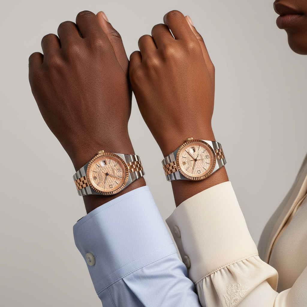 Nigerian male and female model wrist shot — champagne peach two-tone couple watch