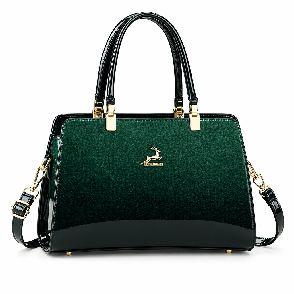 Deep green structured handbag with black handles on white background
