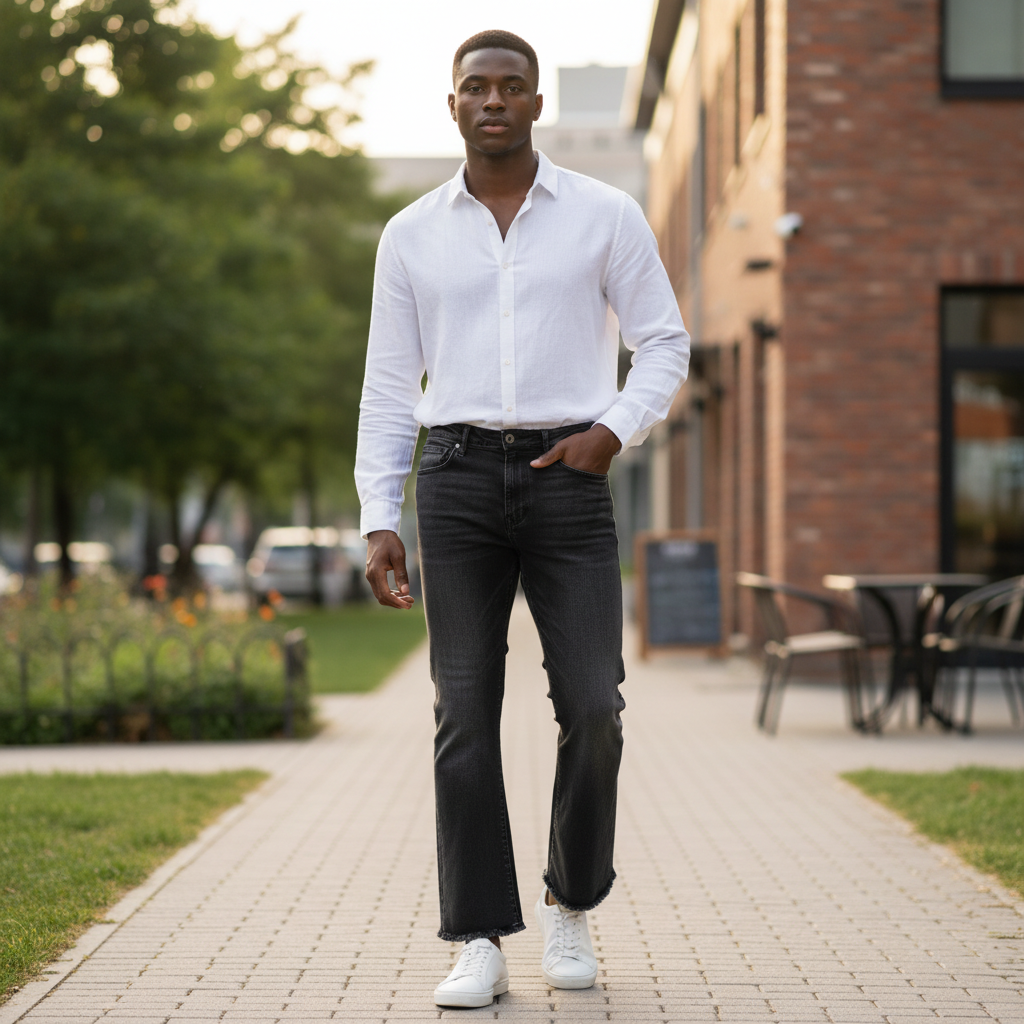 Nigerian model wearing Washed Black Clean Bootcut Flare Cropped Raw Hem Jeans