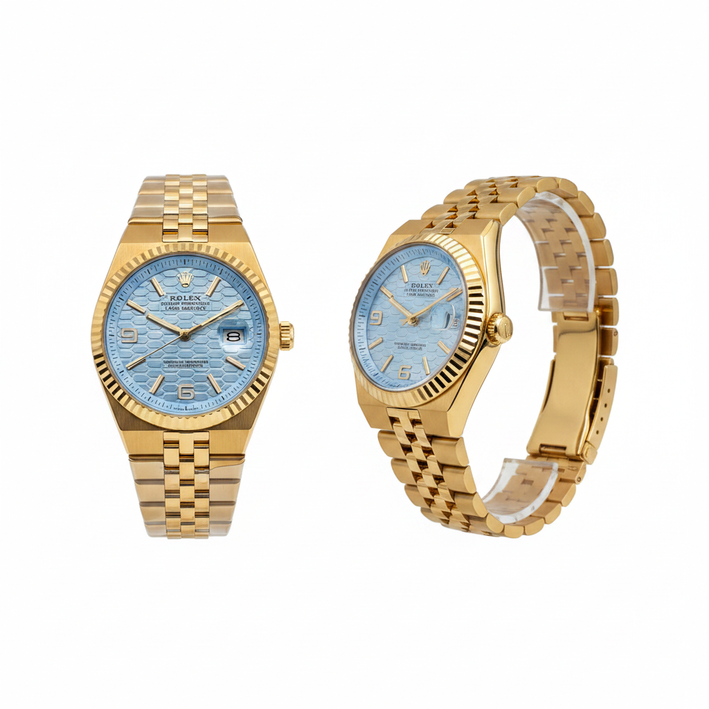 Sky blue honeycomb dial full gold steel couple watch — ghost mannequin front and side view