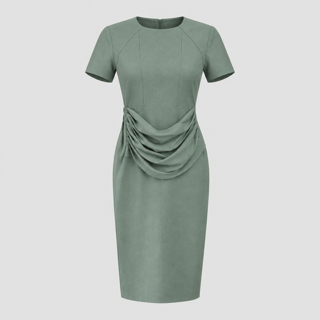 Sage-green ruched midi dress with short sleeves