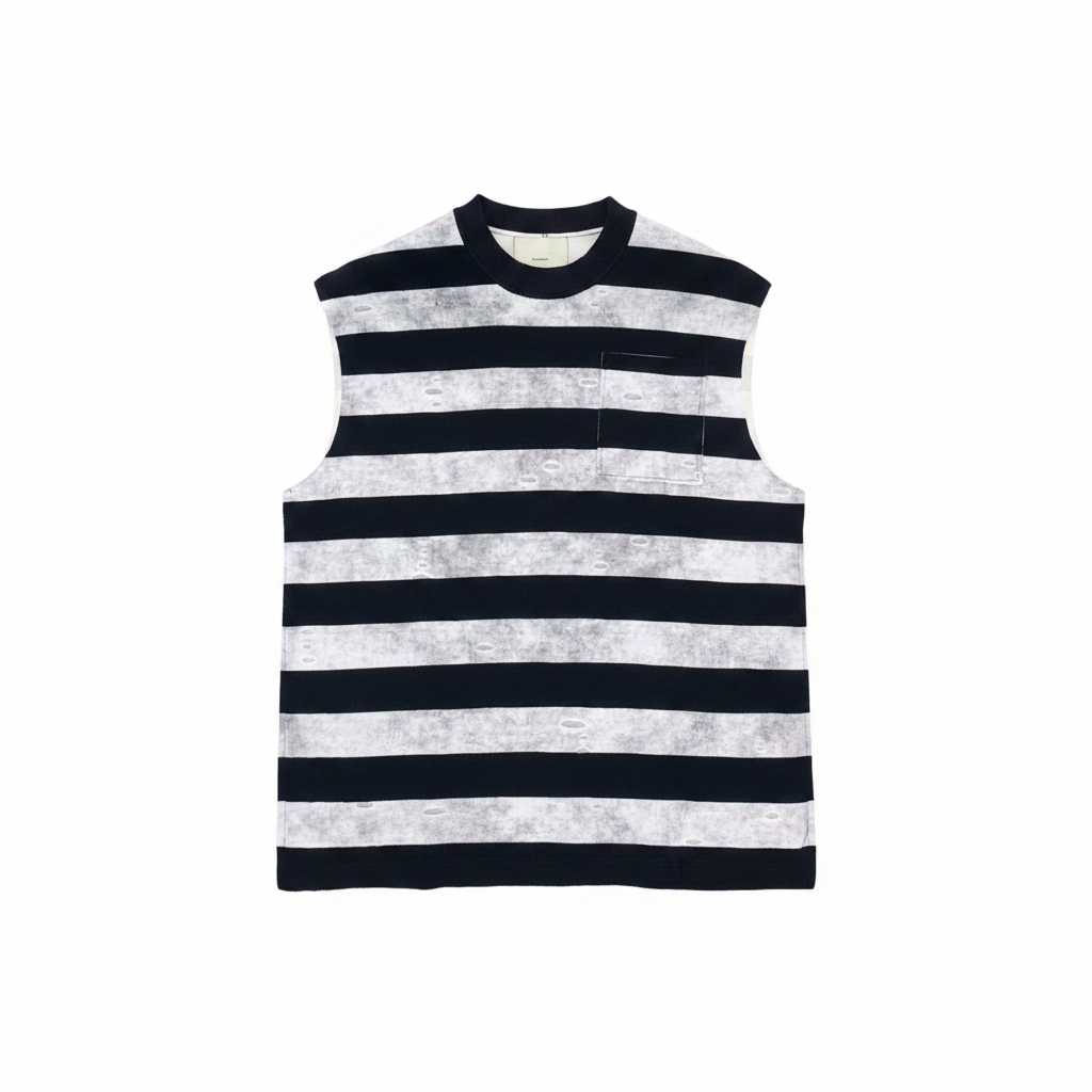 Men's Black White Stripe Sleeveless Knit Top – Ghost Mannequin Front View