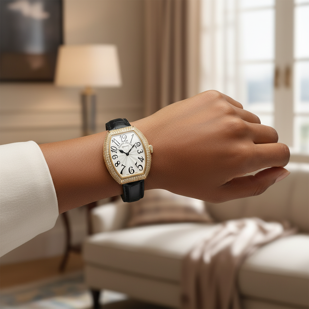 Women's gold oversized diamond bezel white dial tonneau watch worn on Nigerian model wrist — black strap lifestyle wrist shot
