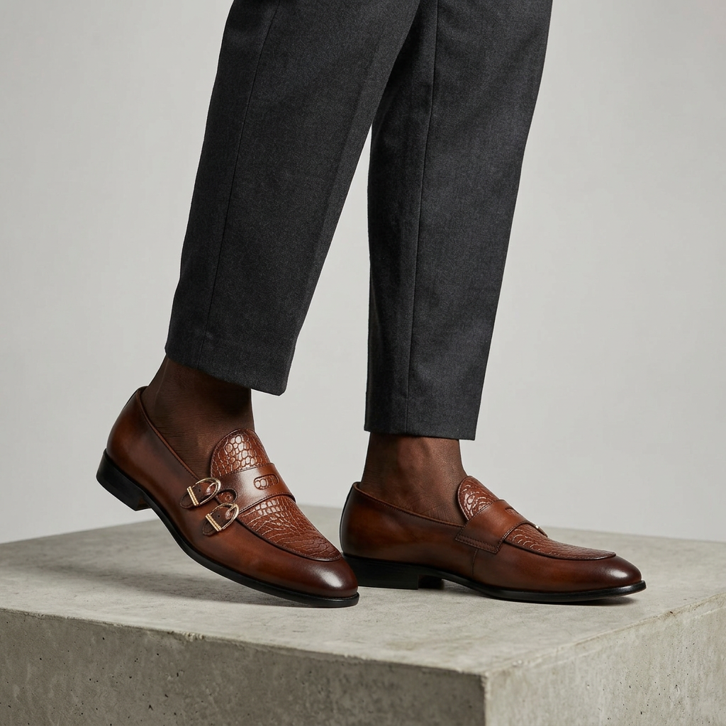 Men's brown double-monk loafers with snake-textured vamp worn with relaxed-fit trousers