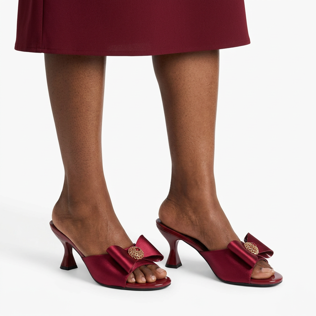 Model wearing wine bow-detail heeled mules