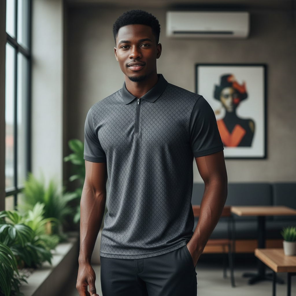 Young Nigerian male model wearing charcoal jacquard zip-neck polo shirt