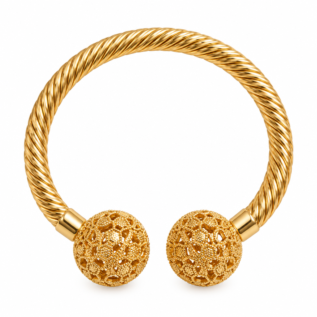 Gold Twisted Rope Filigree Ball Cuff Bangle – Catalog Shot