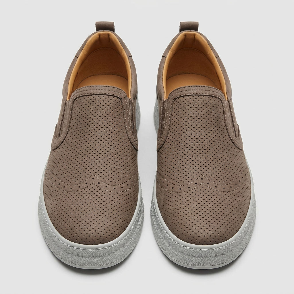 Men's taupe perforated slip-on sneakers with chunky platform sole, straight-on view of the pair