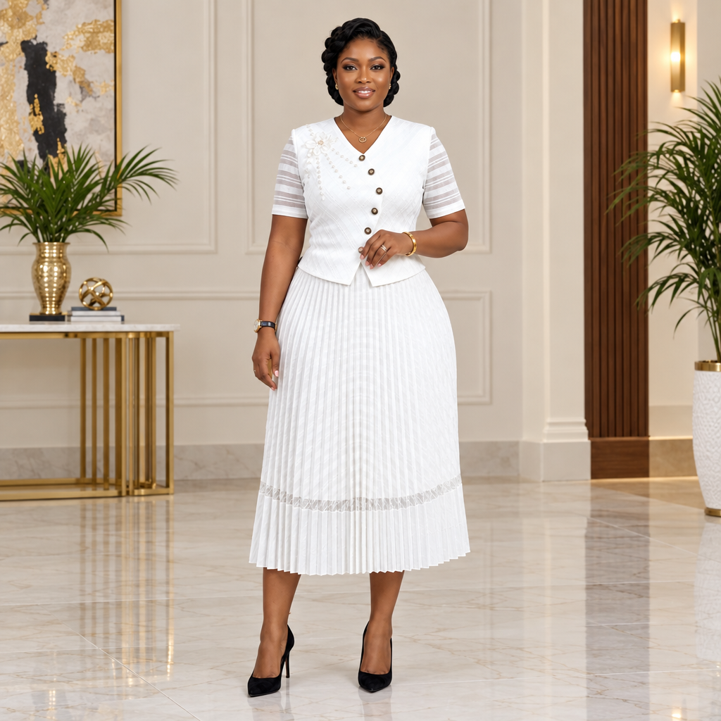 Adult Black woman wearing a white V-neck pleated dress