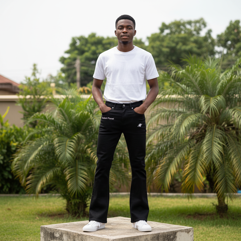 Nigerian male model full body wearing men's black planet embroidered flared denim jeans