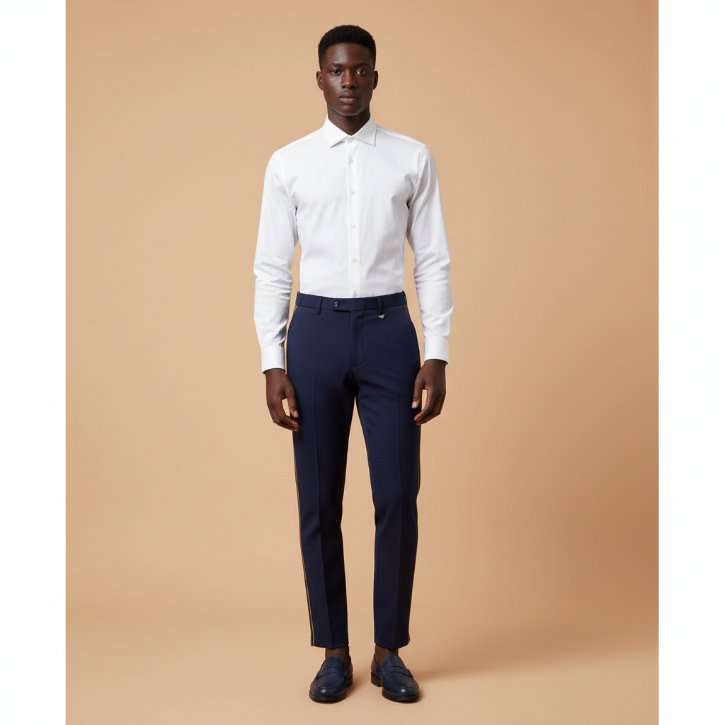 Chukmore Navy Slim Trousers with Double Yellow Piping - Model Shot