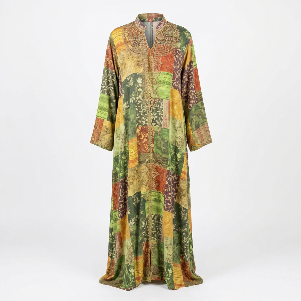 Green yellow and rust patchwork-print embellished abaya on an invisible mannequin