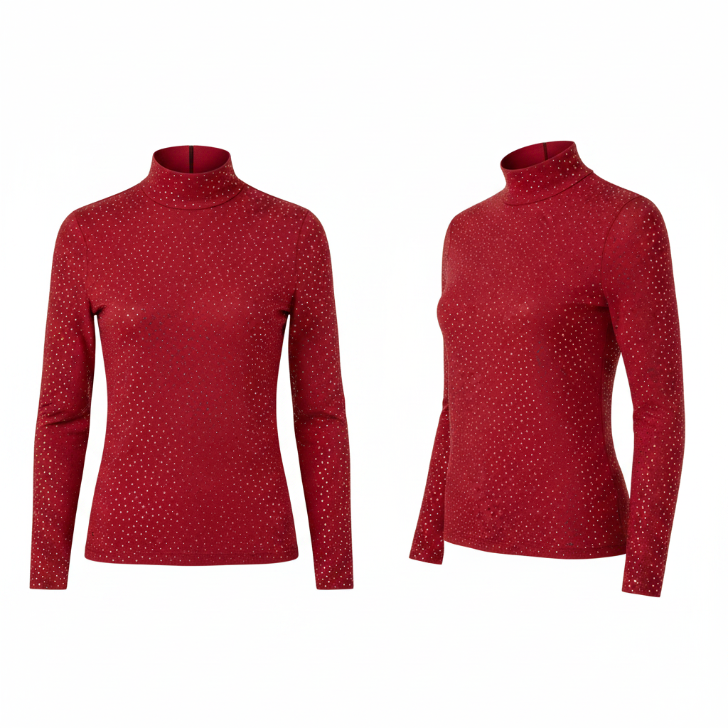 Women's Red Rhinestone Mock-Neck Top – Ghost Mannequin Front and Side View