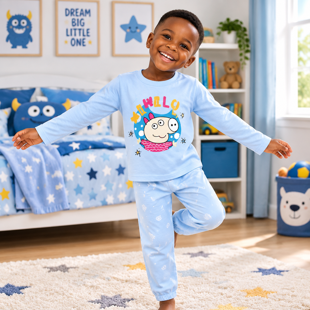 Blue Cartoon Monster 2-in-1 Children's Pyjama Set – Model Shot