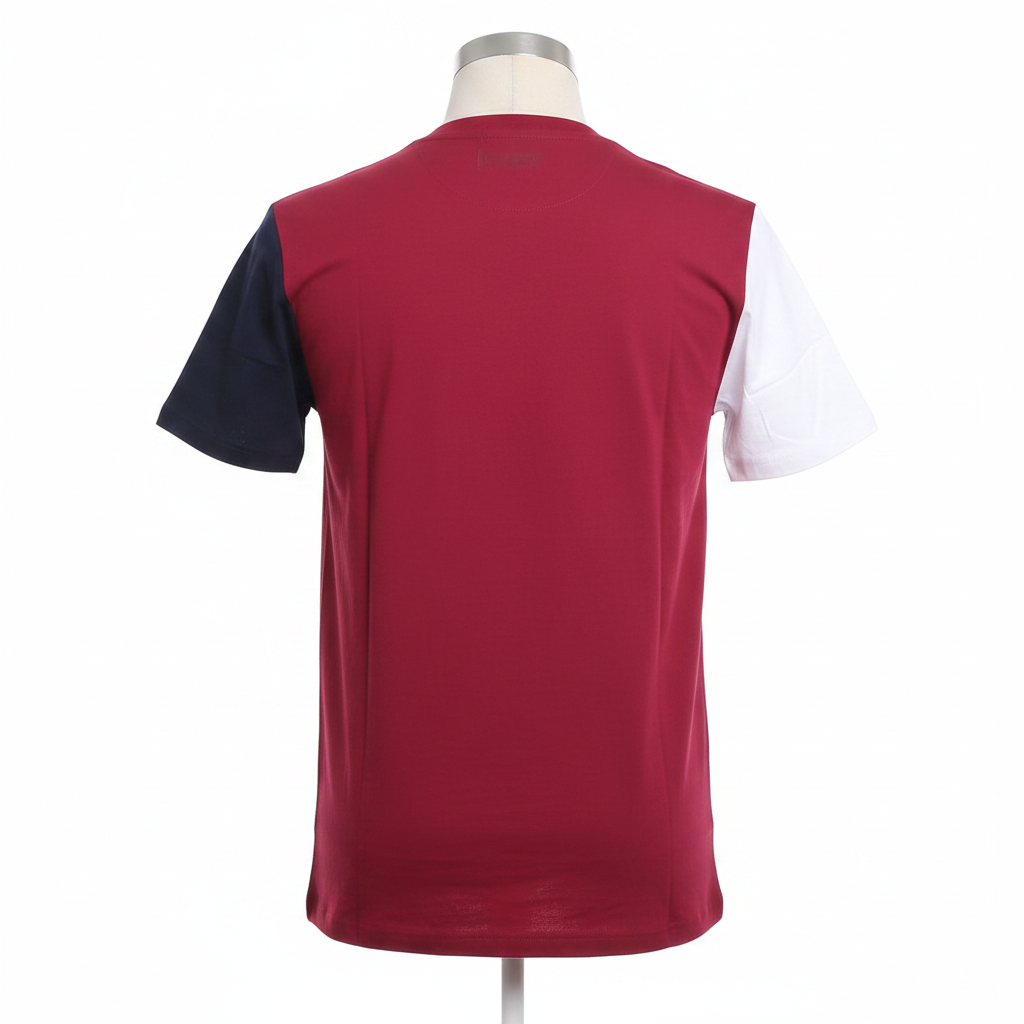 Ghost mannequin back view of red colourblock short-sleeved shirt