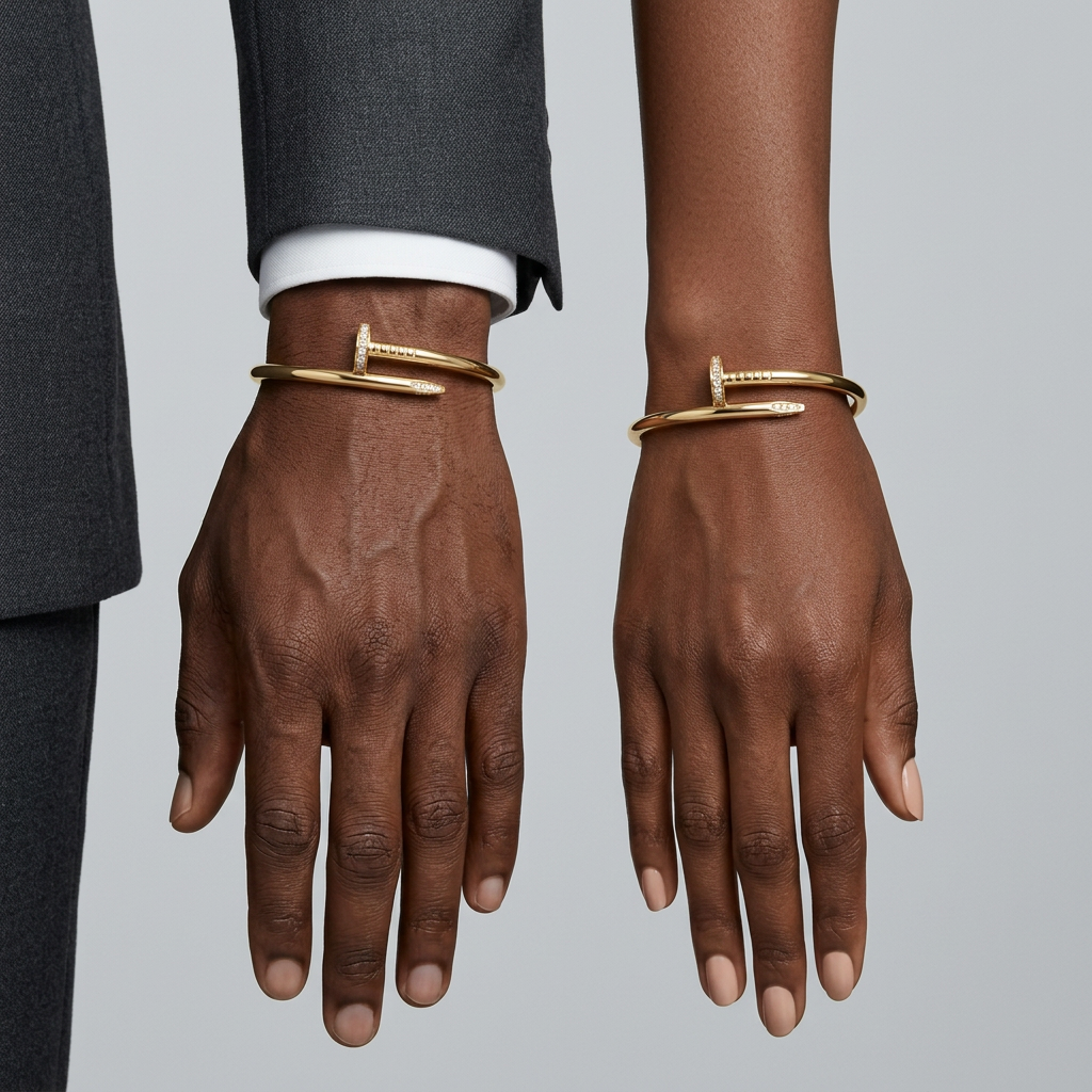 Gold-tone nail bracelet on male and female wrists