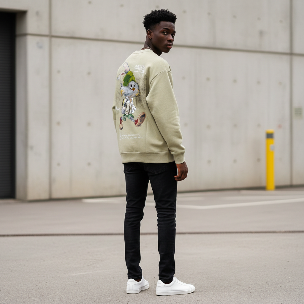 Male model wearing khaki BATES running bunny graphic sweatshirt back view