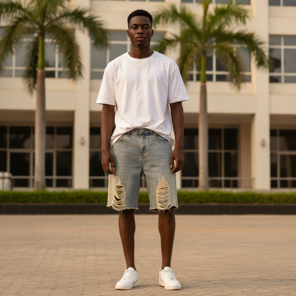 Model wearing distressed light wash denim shorts