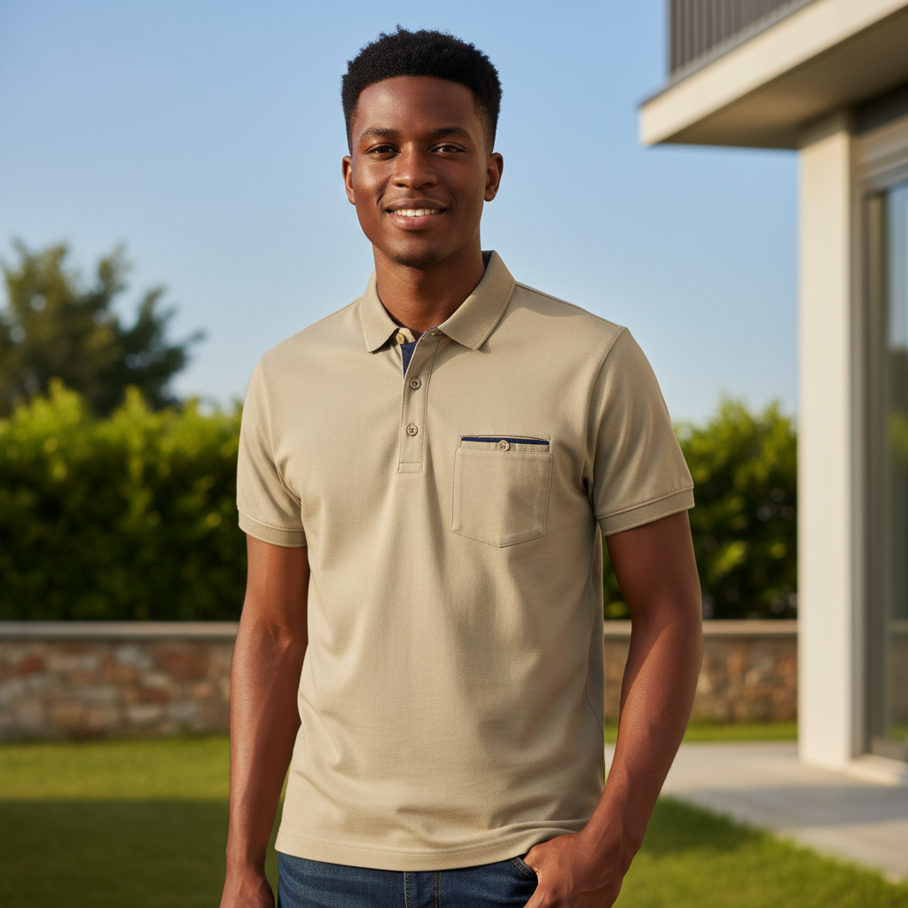 Khaki Chest Pocket Polo Shirt on Nigerian male model