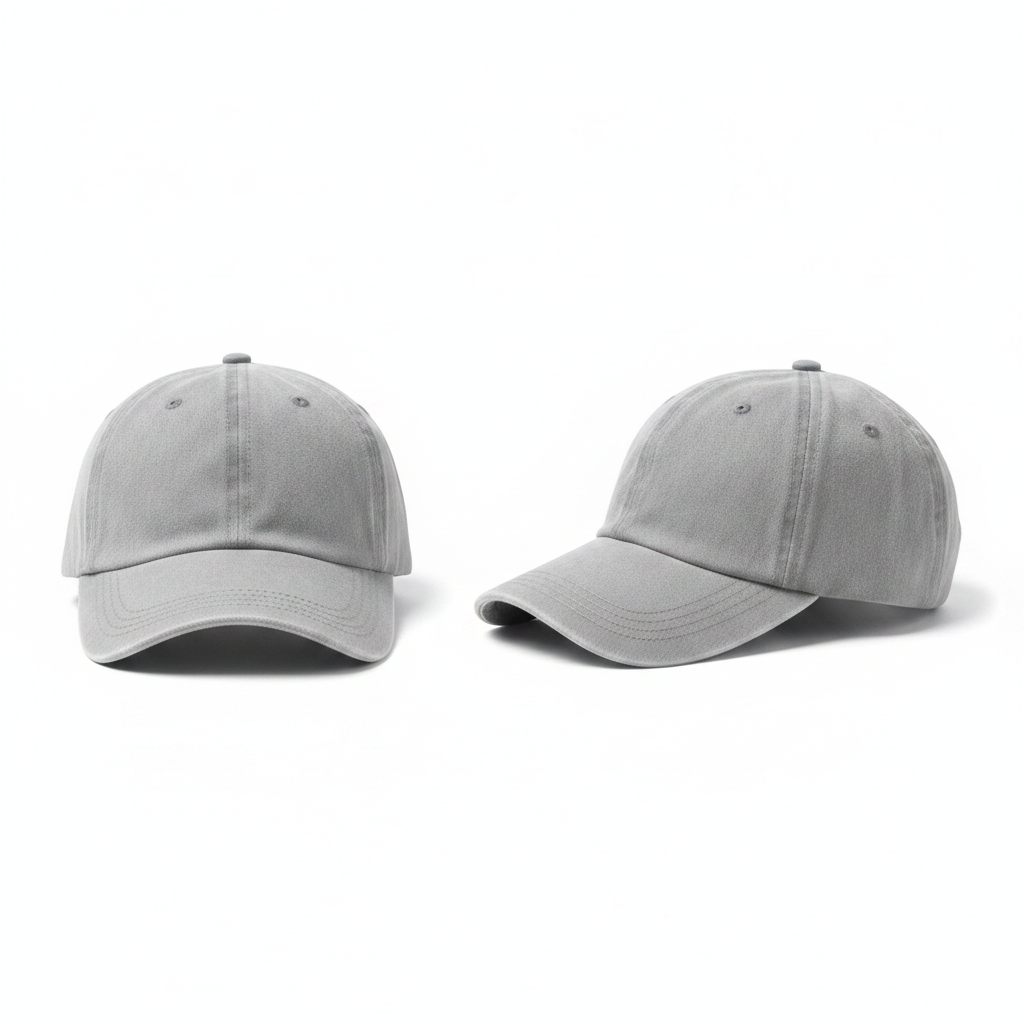 Plain acid-washed light grey baseball cap ghost mannequin front and side view