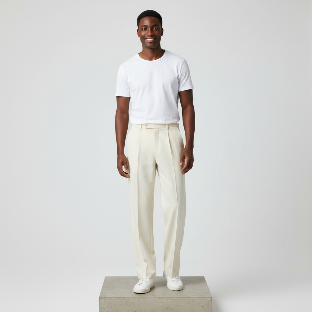 Cream Wide-Leg Tailored Trousers - Model Front