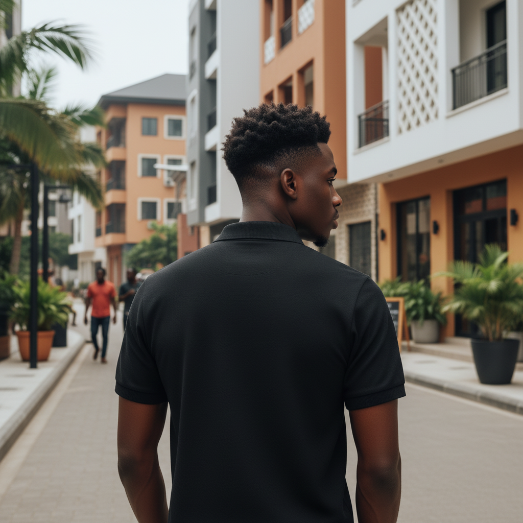 Young Nigerian male model wearing all black plain polo shirt, back view, Nigerian urban background
